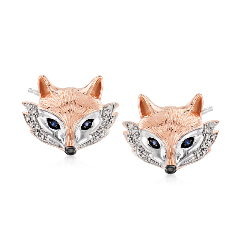Fox face stud earrings in rose gold with sapphire-blue eyes and diamond-like accents