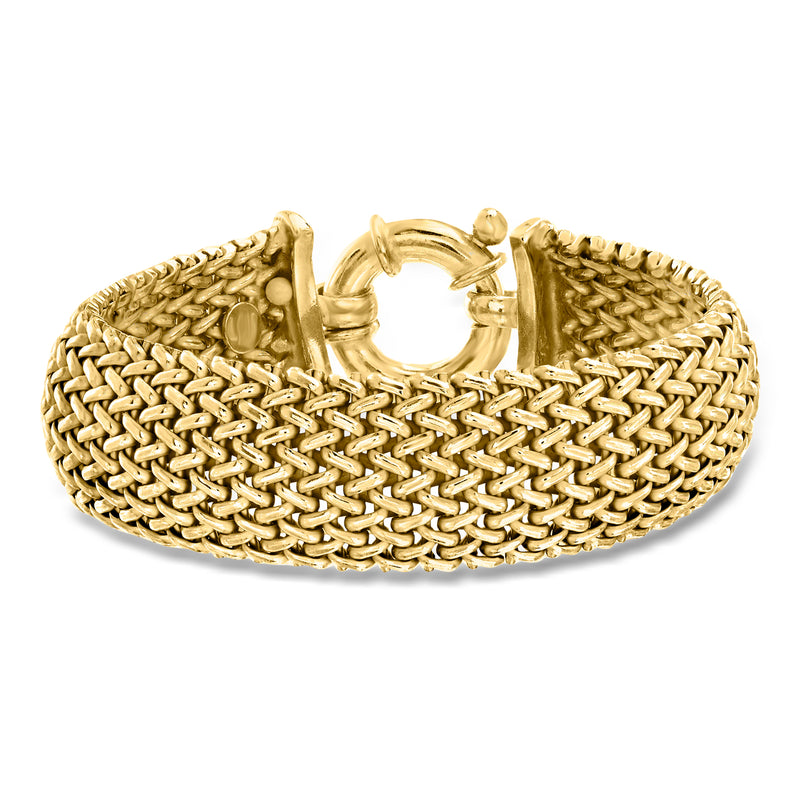 Gold over sterling riso-link bracelet with textured mesh chain and round clasp