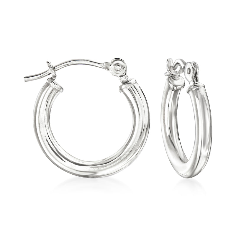 Thin 14kt white gold hoop earrings, polished round hoops with hinge clasp