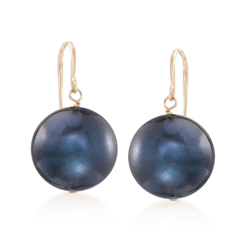 14kt yellow gold earwire drop earrings with dark blue cultured pearl spheres