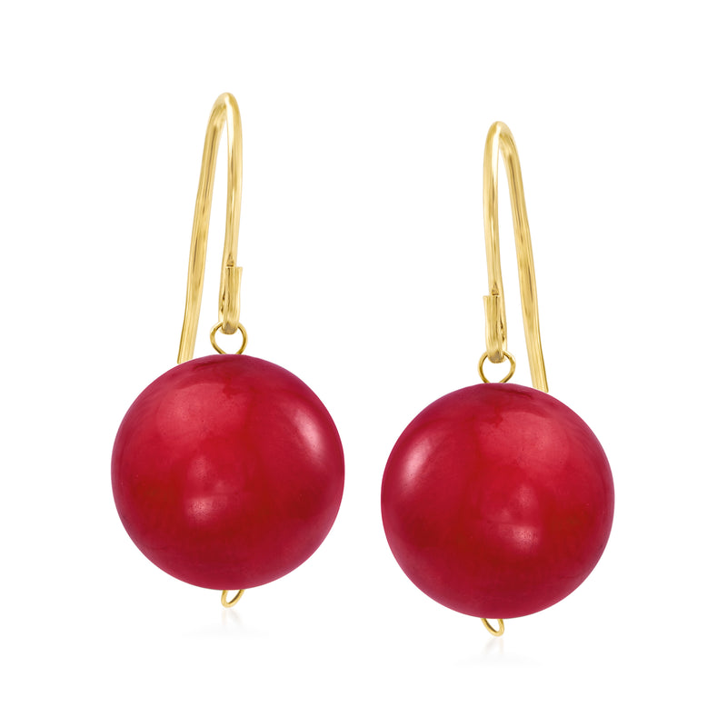 14kt yellow gold drop earrings with round red coral beads