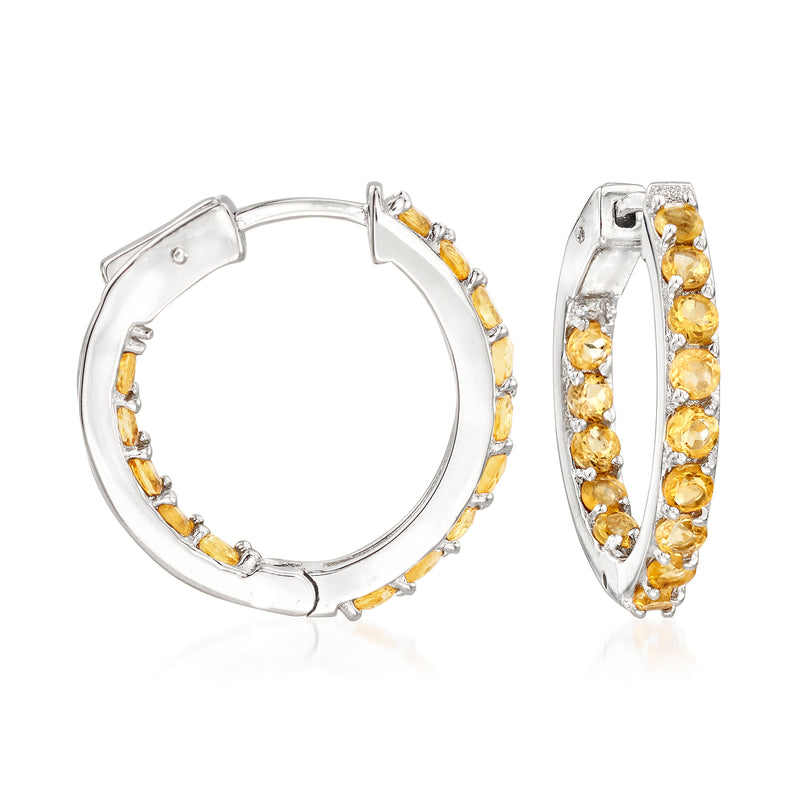 Sterling silver inside-outside hoop earrings with oval citrine clusters, hinged closure