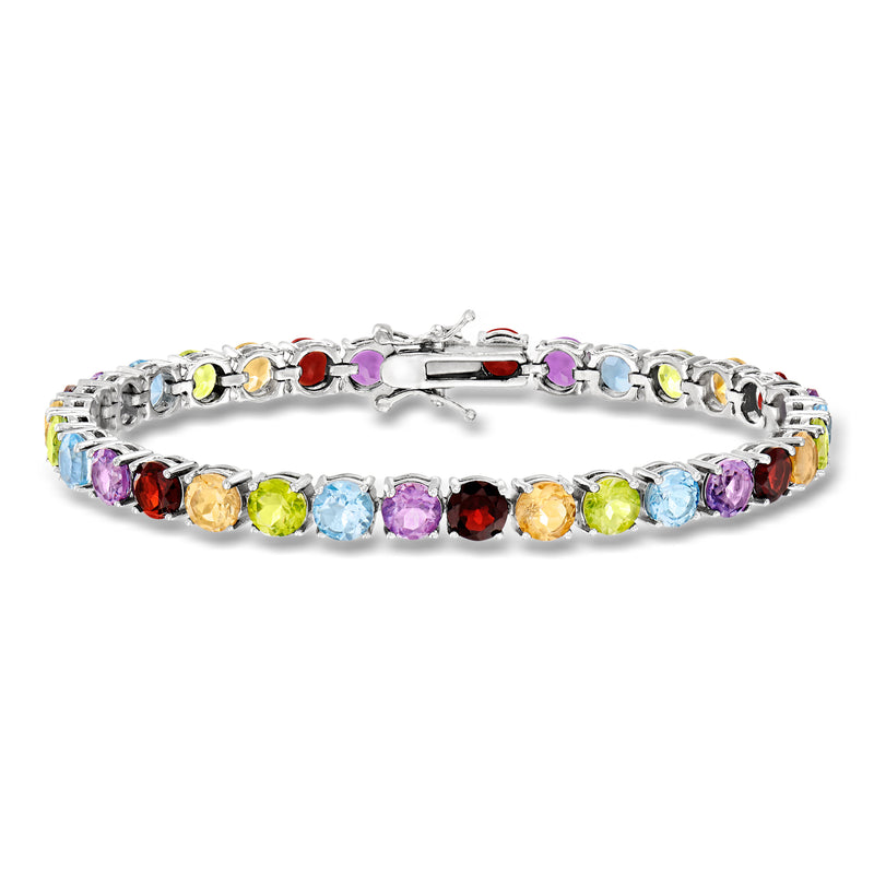 Sterling silver tennis bracelet with multicolor round gemstones and hinged clasp