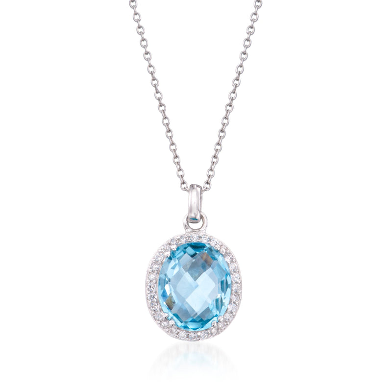 Sterling silver pendant necklace with oval blue topaz stone and CZ halo