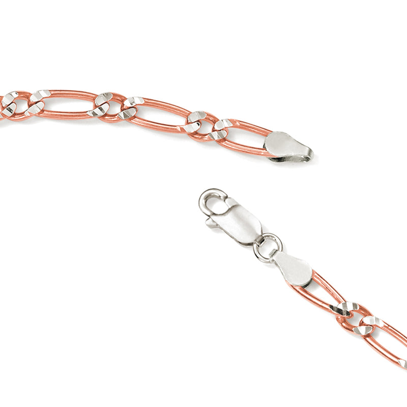 Two-tone figaro-link bracelet with lobster clasp, sterling silver and rose gold accents
