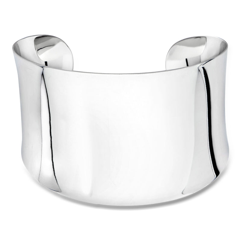 Wide polished silver cuff bracelet with smooth curved surface