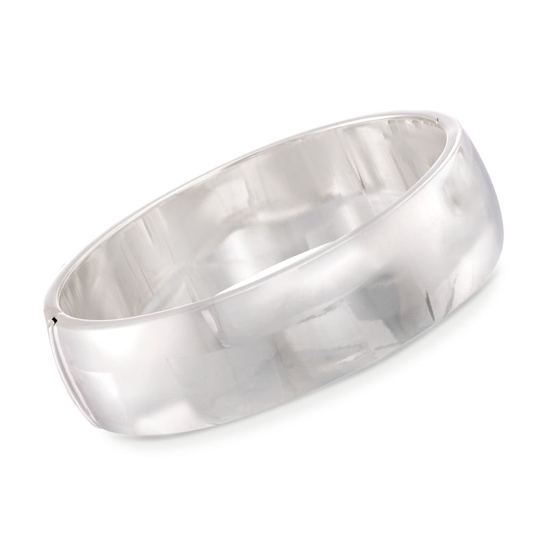 Polished sterling silver wide bangle bracelet with smooth cuff and open ends