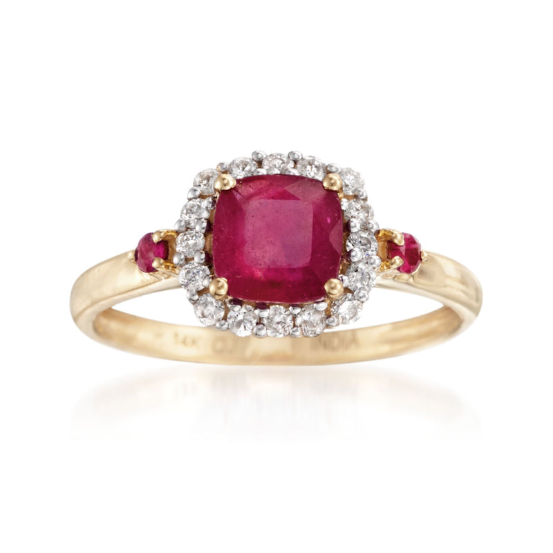 14k yellow gold ring with red ruby center, diamond halo, and small ruby side stones