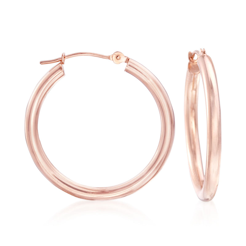 14kt rose gold hoop earrings, thin round hoops with hinged clasp detail.