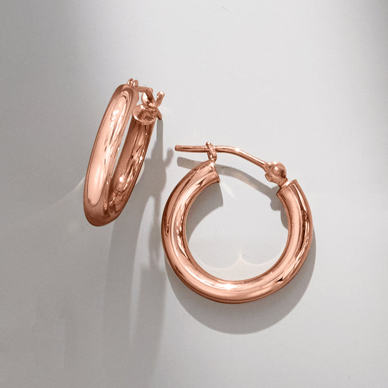 14kt rose gold hoop earrings, hinged clasp detail, polished round hoops