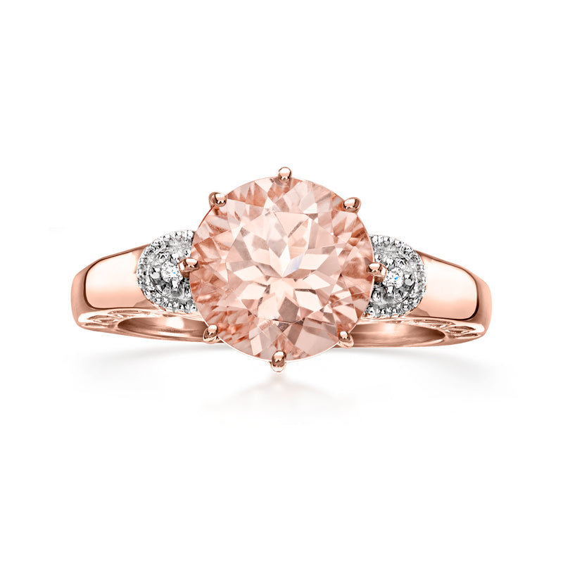 Two-tone gold ring with round pink morganite center and diamond side clusters