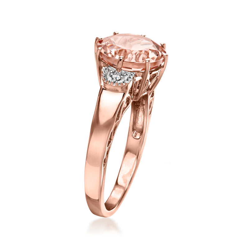 Rose gold ring featuring a large round pink morganite with small diamond accents