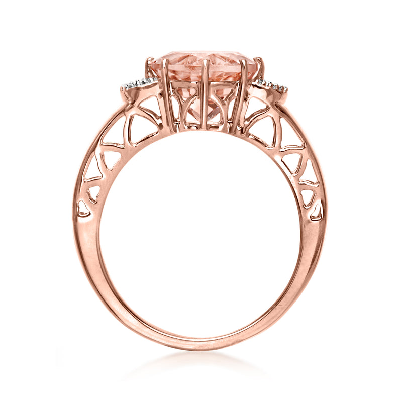 Rose gold openwork ring with prongs around a round pink morganite and halo diamonds