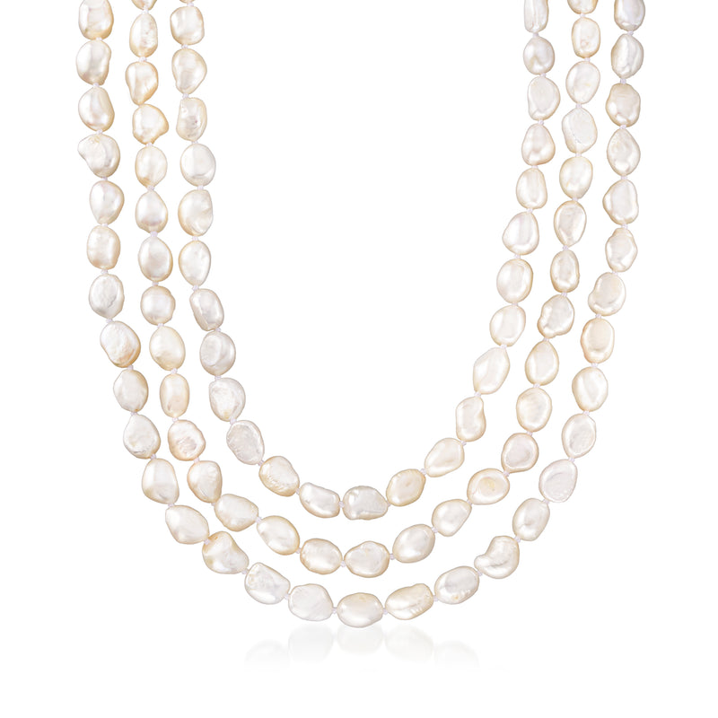 Cultured semi-baroque pearl endless necklace, oval pearls with three-layer drape