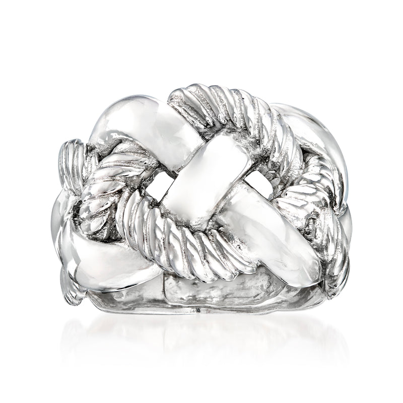 Wide braided sterling silver ring with interwoven rope design, polished finish