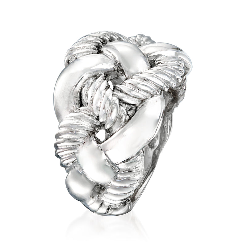 Wide sterling silver braided knot ring with rope-textured bands, high-polish shine