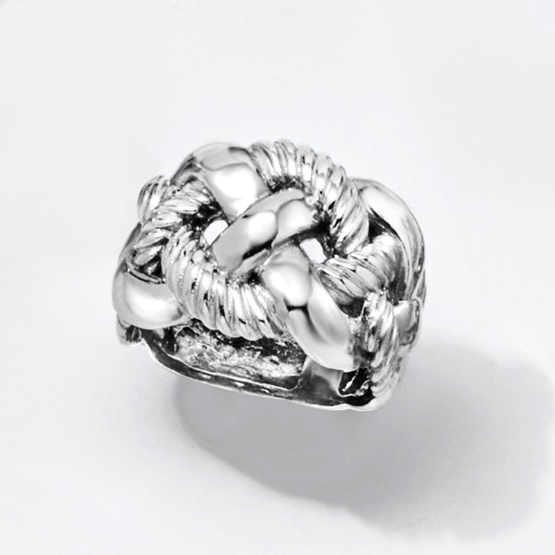 Sterling silver wide braided ring with twisted rope knots, domed polished top