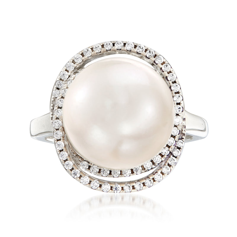 Sterling silver ring with cultured pearl and CZ halo, double split band