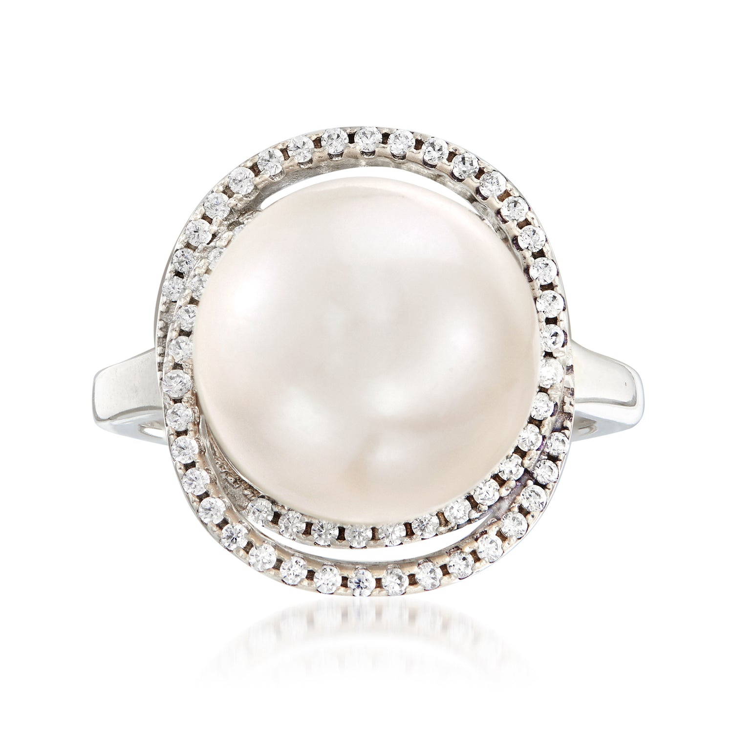 Italian 12mm Cultured Pearl and .70 ct. t.w. CZ Ring in Sterling Silver
