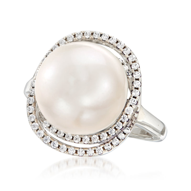 Sterling silver ring with large cultured pearl centerpiece and double CZ halo