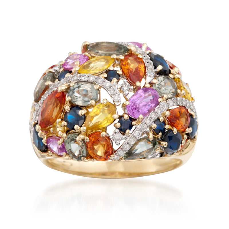 Multicolored sapphire and diamond cocktail ring in 14kt yellow gold, oval cluster setting