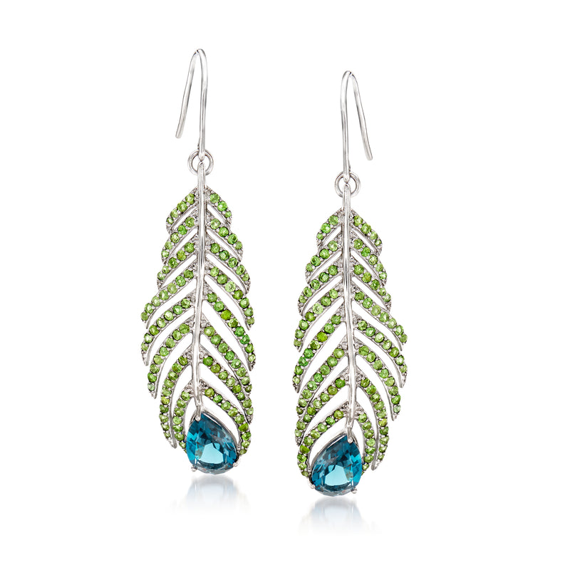 Sterling silver feather earwire earrings with blue topaz and green tourmaline