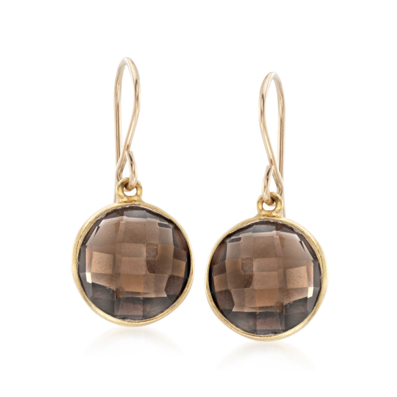 Round smoky quartz bezel drop earrings in 14kt gold over sterling with earwire loops.