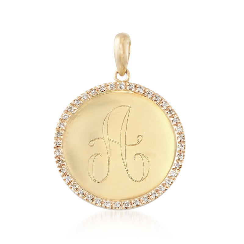 14kt yellow gold diamond initial pendant with round J charm and diamond halo