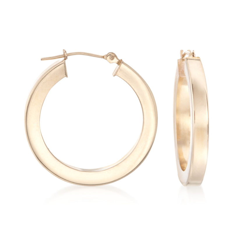 Square-profile 14kt yellow gold hoop earrings, 3mm wire, hinged post closure