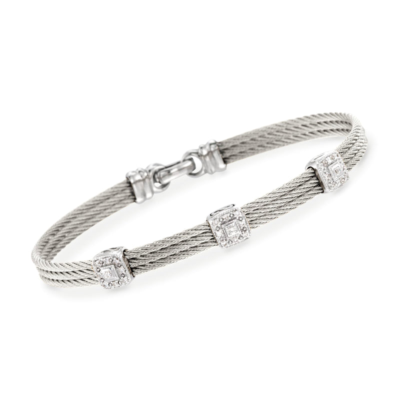 Gray cable bracelet with white gold diamond stations and hinged clasp