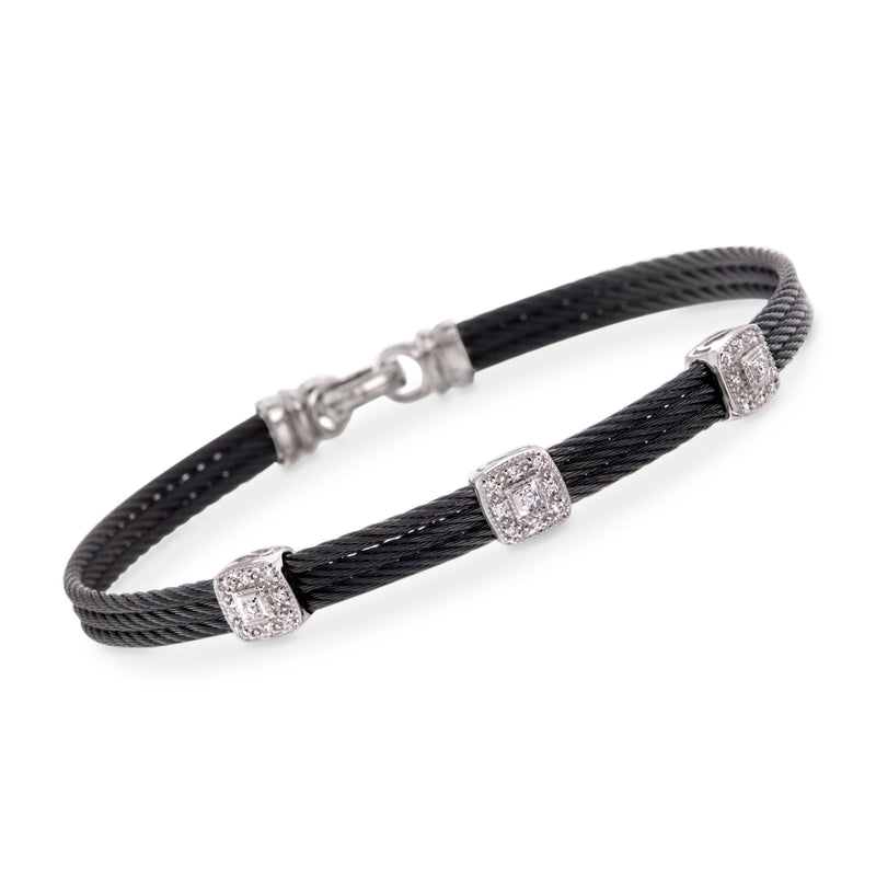 ALOR diamond station black cable bracelet with white gold clasp and square diamond accents