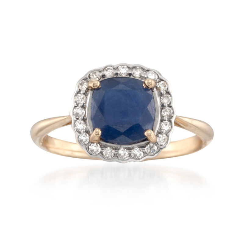 14kt yellow gold sapphire and diamond halo ring with oval blue sapphire center