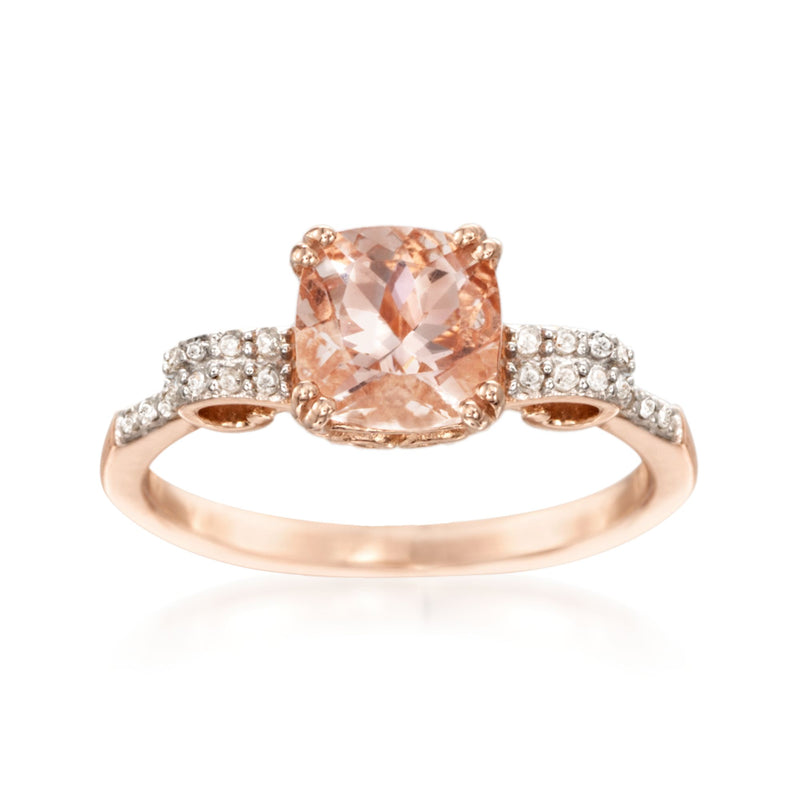 Morganite ring with cushion-cut center stone, diamond accents, and rose gold band