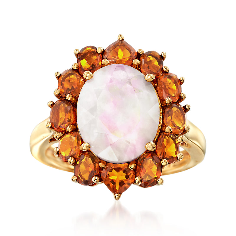 Orange citrine halo ring with oval opal center, 14kt gold over sterling band