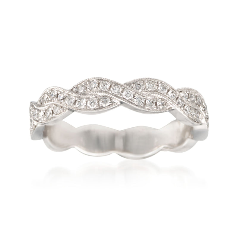 14kt white gold diamond woven ring with scalloped marquise-set bands