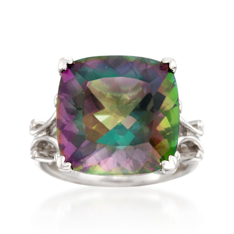 Sterling silver multicolored quartz ring with cushion-cut gemstone, four prongs