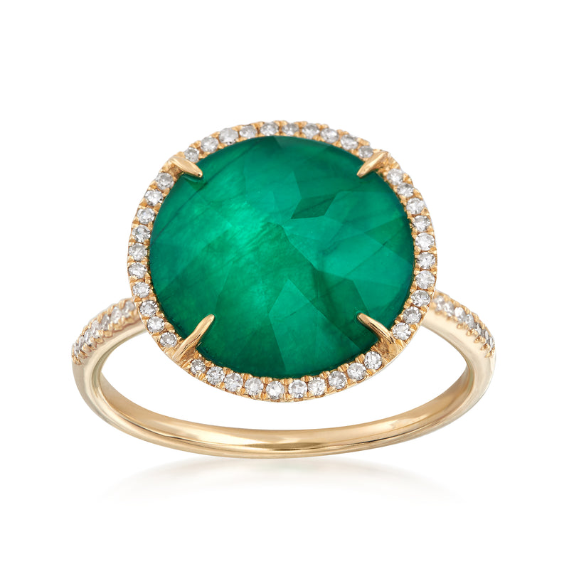 Green oval emerald-cut gemstone halo diamond ring in 14kt yellow gold