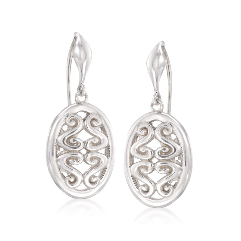 Sterling silver oval open-swirl drop earrings with loop earwires