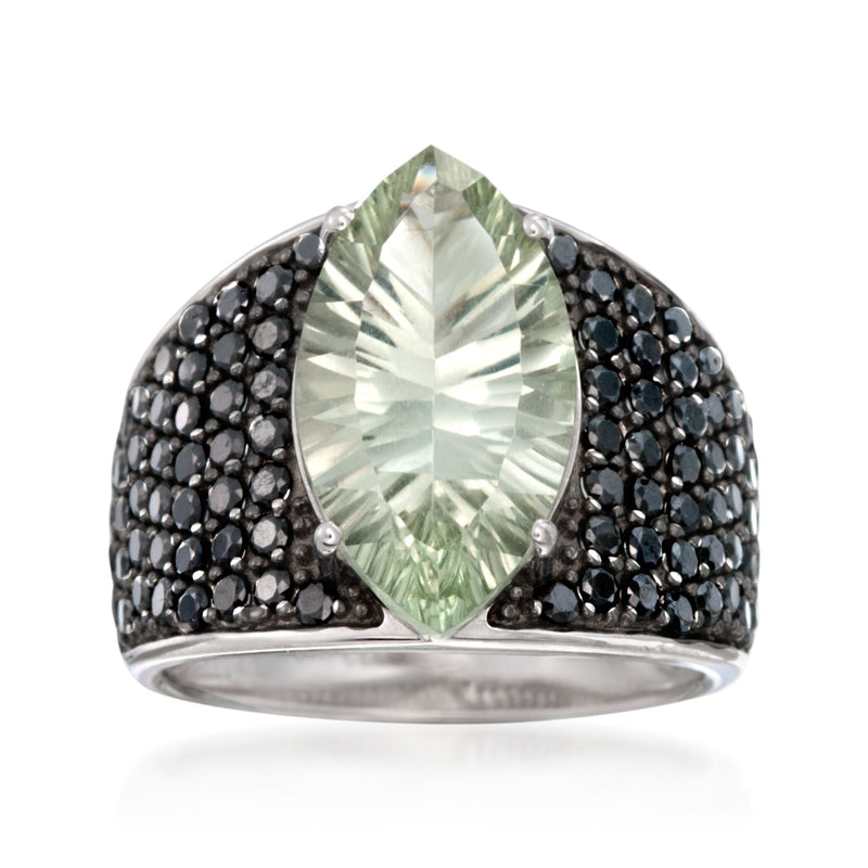 Sterling silver ring with marquise green prasiolite and black spinel