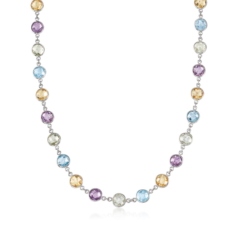 Sterling silver multi-gemstone necklace with round purple, blue, green, and yellow stones