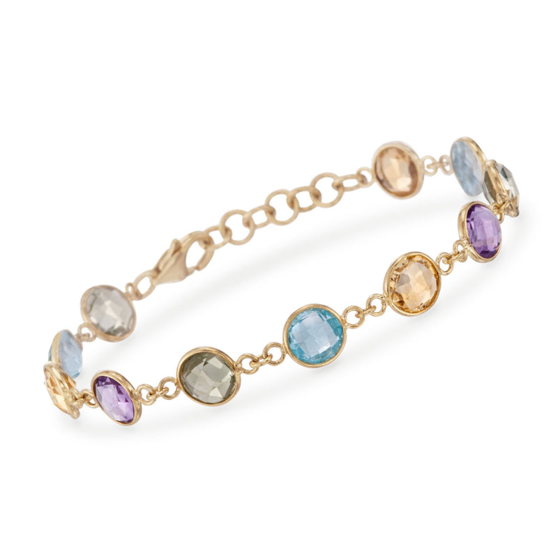 Yellow gold over sterling bracelet with multicolor round gemstone stations and link clasp
