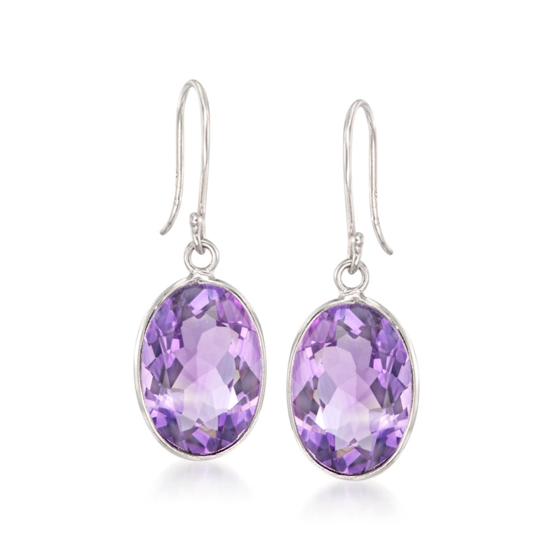 Sterling silver amethyst drop earrings with faceted oval purple gemstone, dangle design