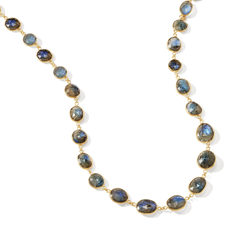 Labradorite necklace with blue-gray oval gemstones and gold-tone beaded chain