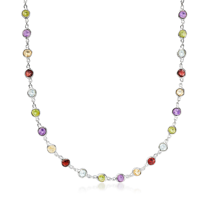 Sterling silver bezel-set multigemstone necklace with round colorful stones, linked chain