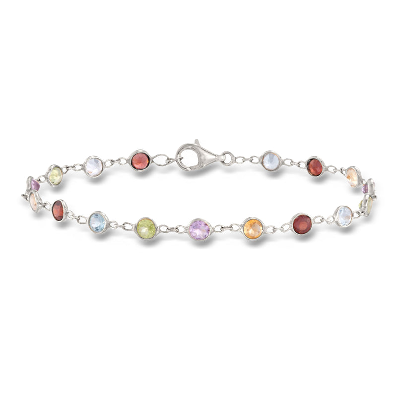 Sterling silver multi-gemstone bezel bracelet with round colored stones, linked chain