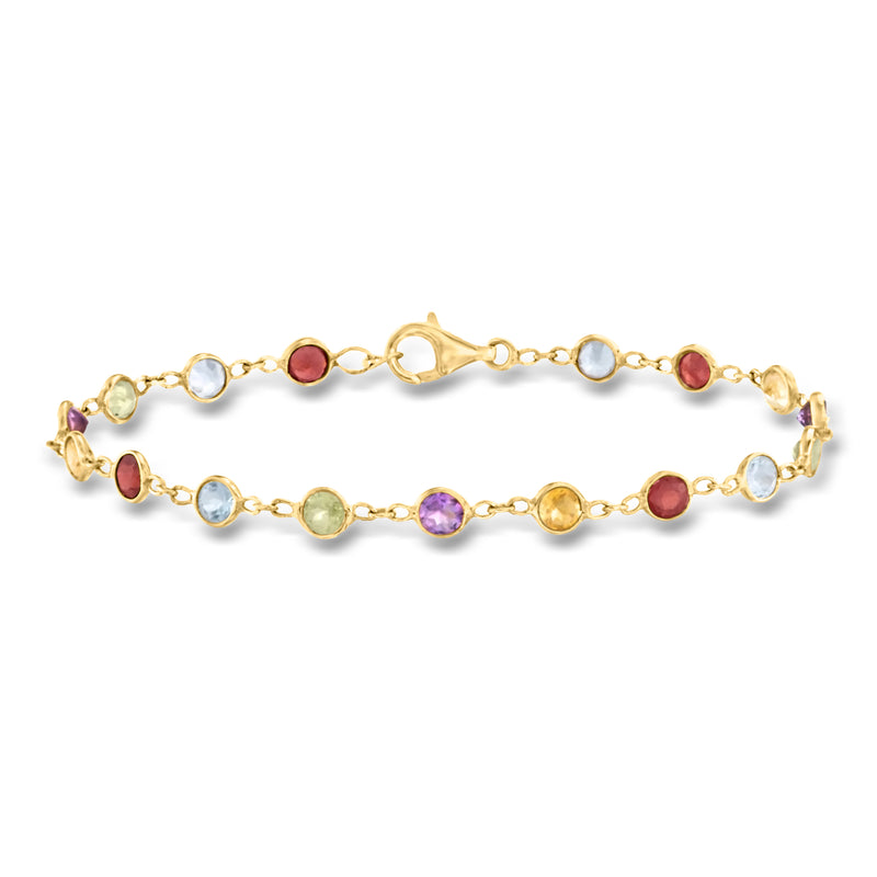 Gold over sterling bracelet with bezel-set multicolor gemstones and link chain clasp
