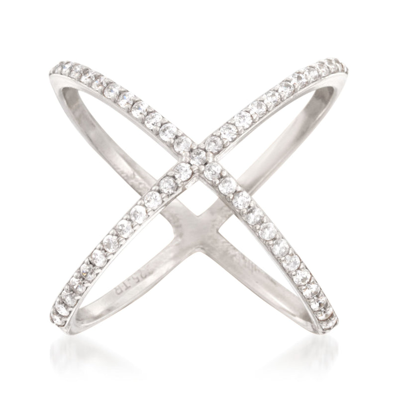 Sterling silver open crisscross ring with sparkling CZ stones
