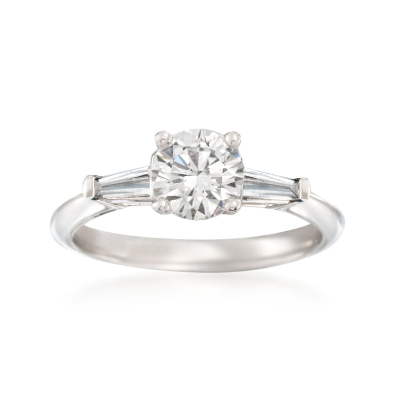 14kt white gold diamond engagement ring with round center stone and baguette accents