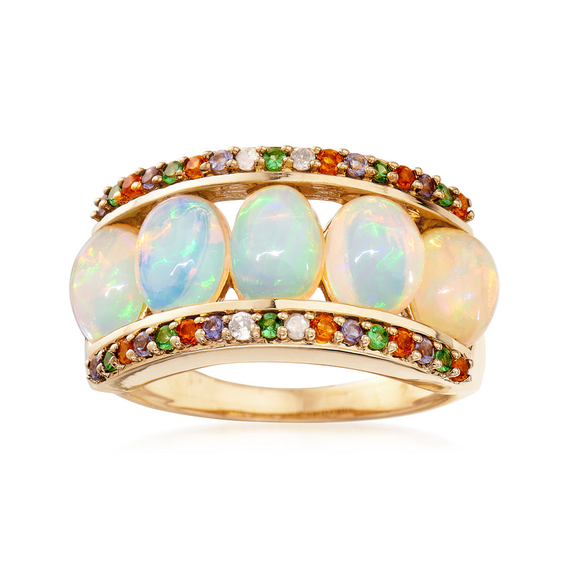 14kt gold over sterling ring with three opal-like cabochons and rainbow accents