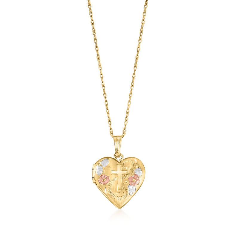 Tri-colored 14kt gold heart locket necklace with floral cross charm, gold chain